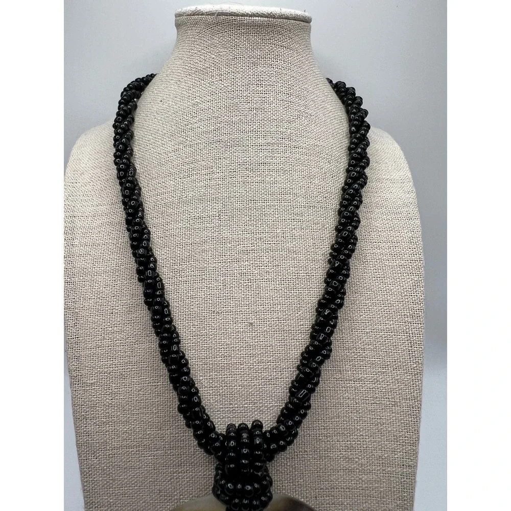 Black Seed Bead Necklace Shell Pendant Coastal Boho Statement Black Shell
